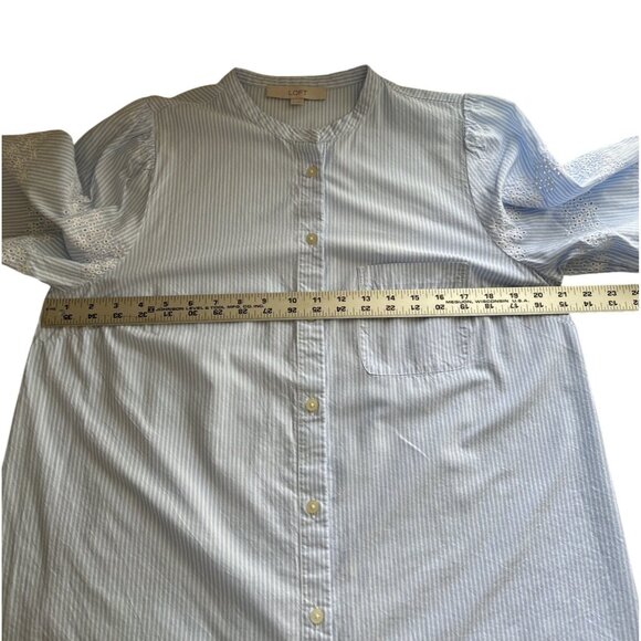 Loft Blue & White Striped Shirt Dress L 3/4 Sleeve Embroidered  Button Front - Picture 7 of 8
